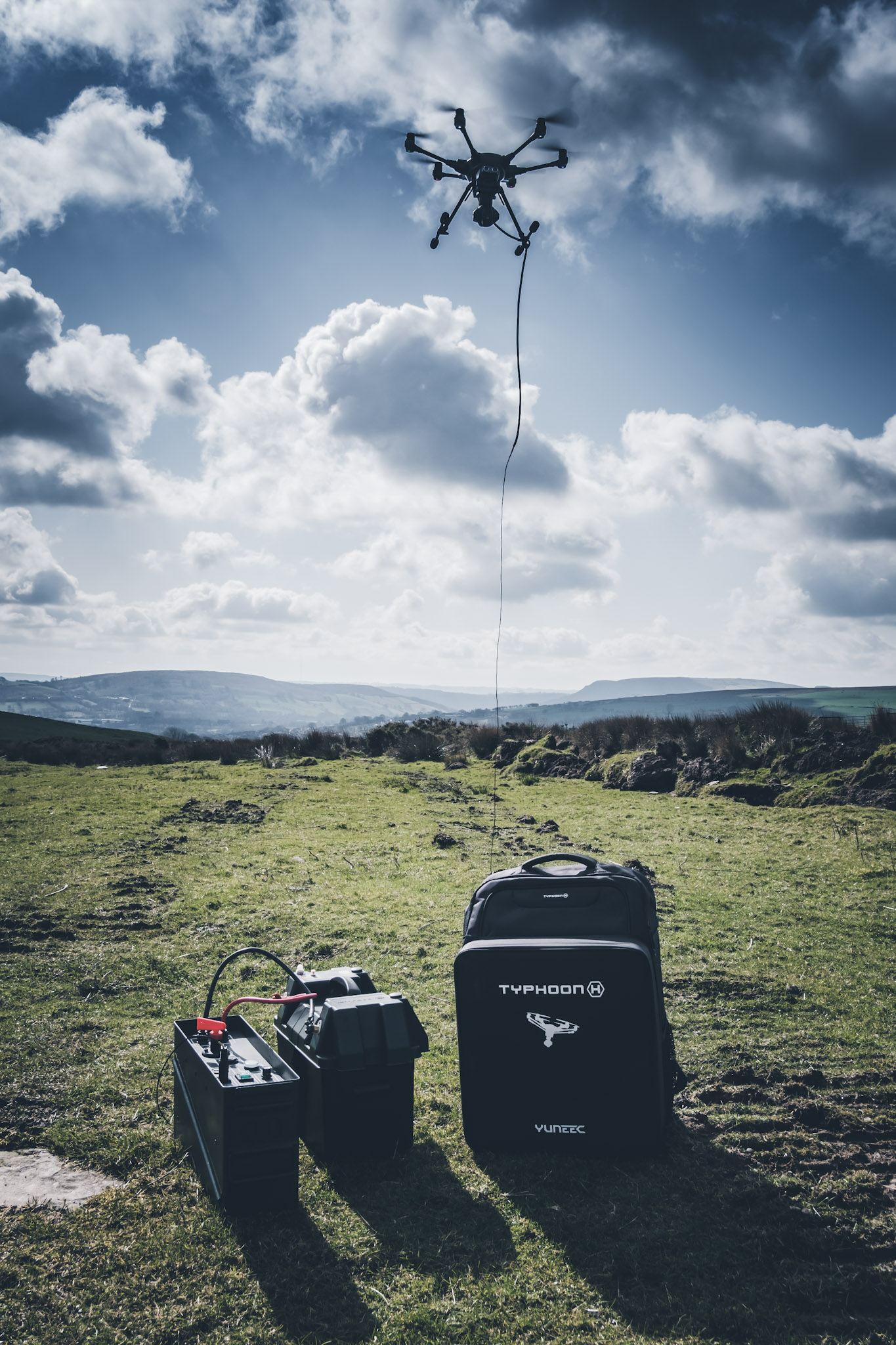 Skywire allows for a tethered drone to be powered from a vehicle or mains supply