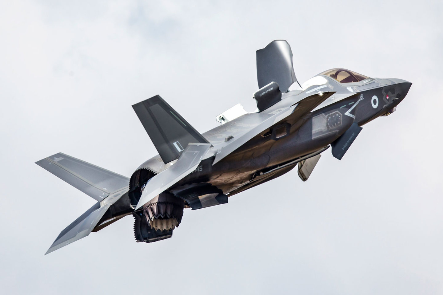 An RAF F-35B performs a hover manoeuvre.